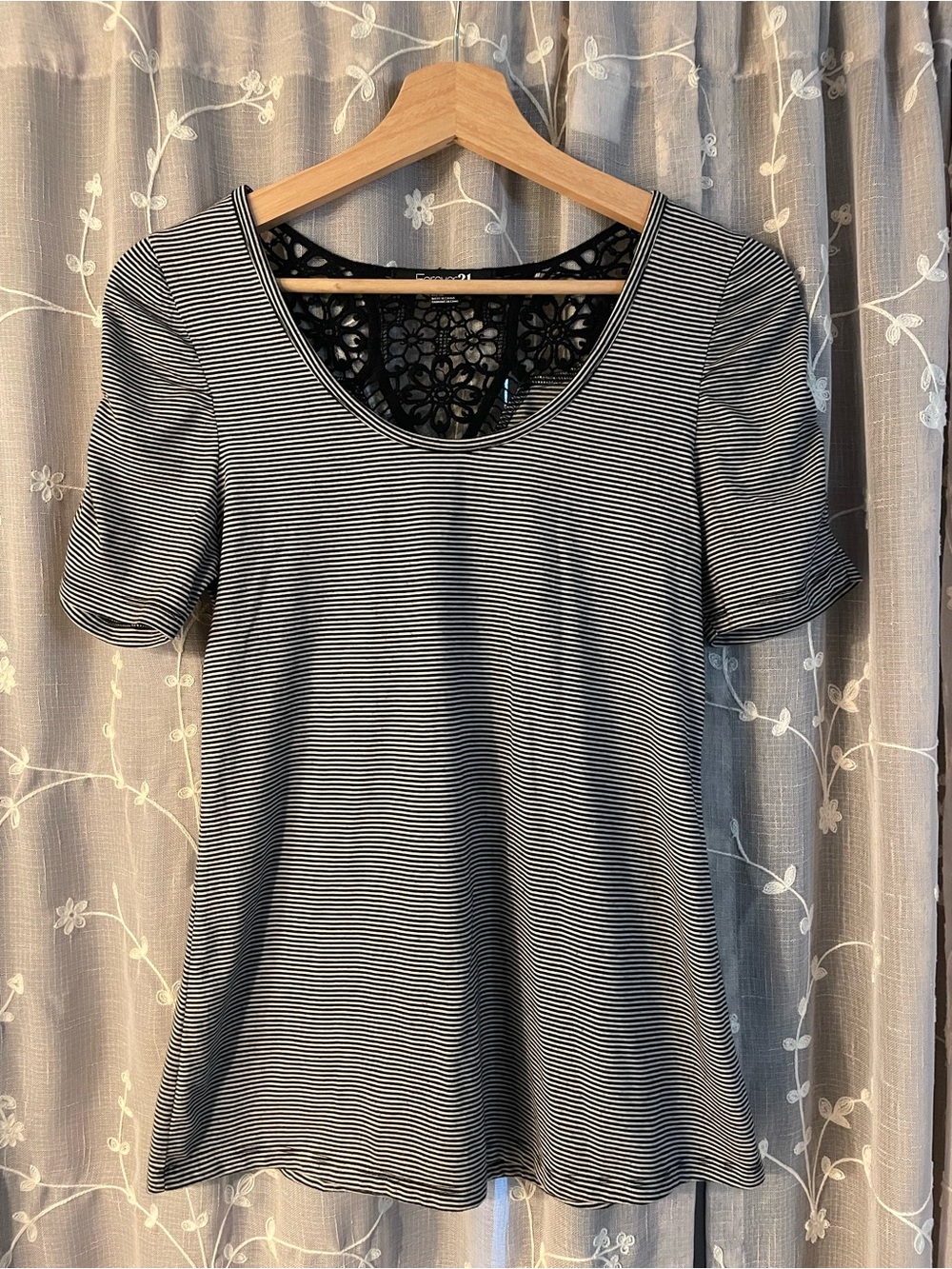 Forever 21 Black and White Striped Scoop Neck Tee with Lace Back
